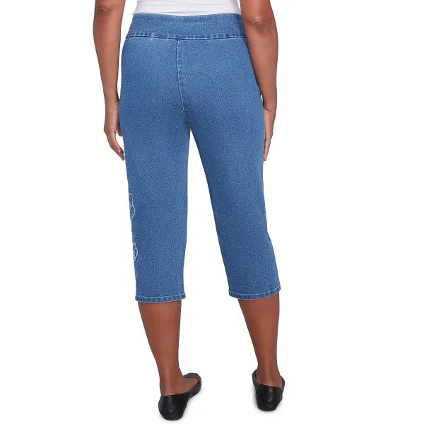 Free Spirit Superstretch Denim Floral Applique Capri
