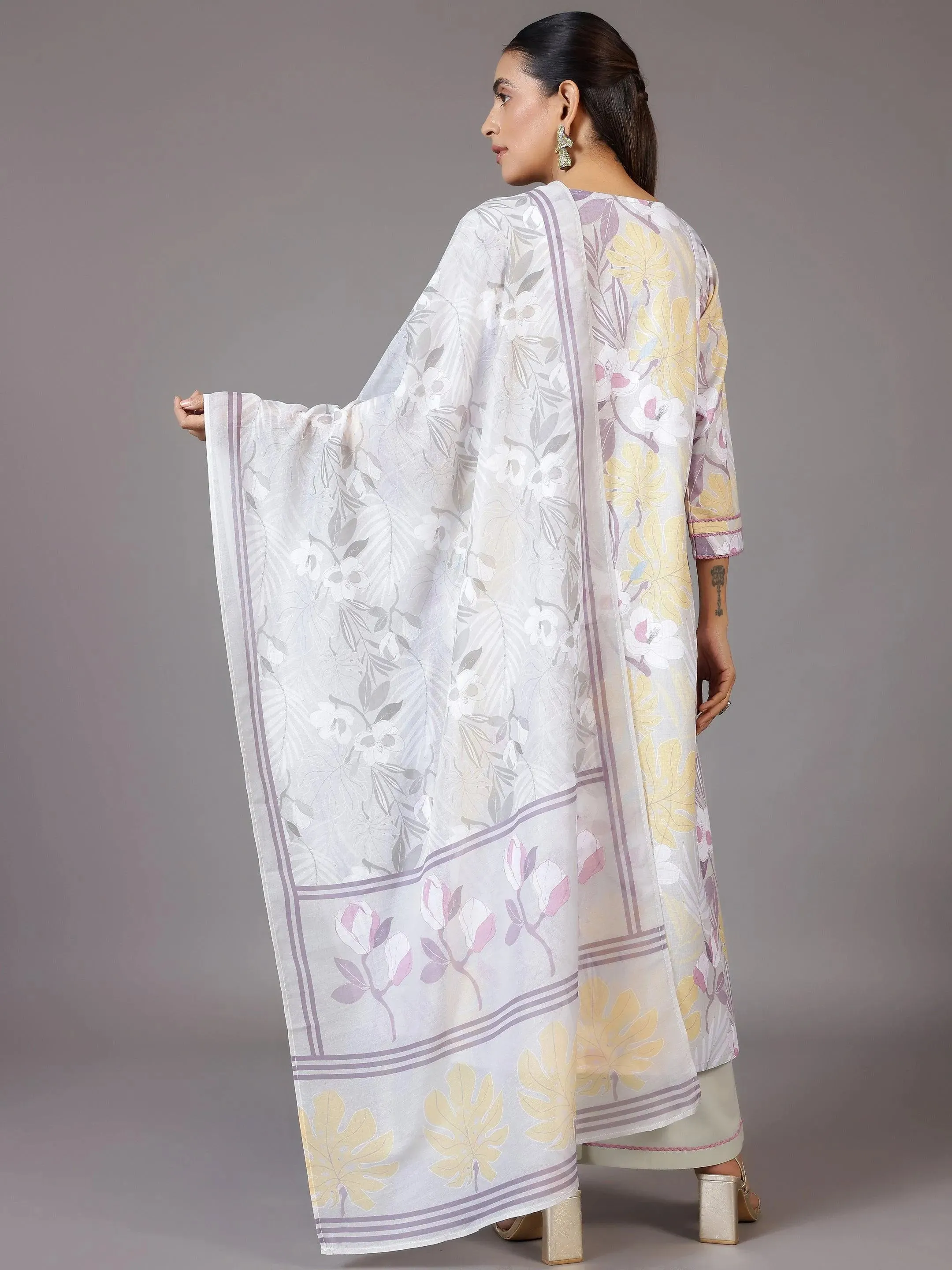 Grey Printed Cotton Blend A-Line Kurta With Palazzos & Dupatta