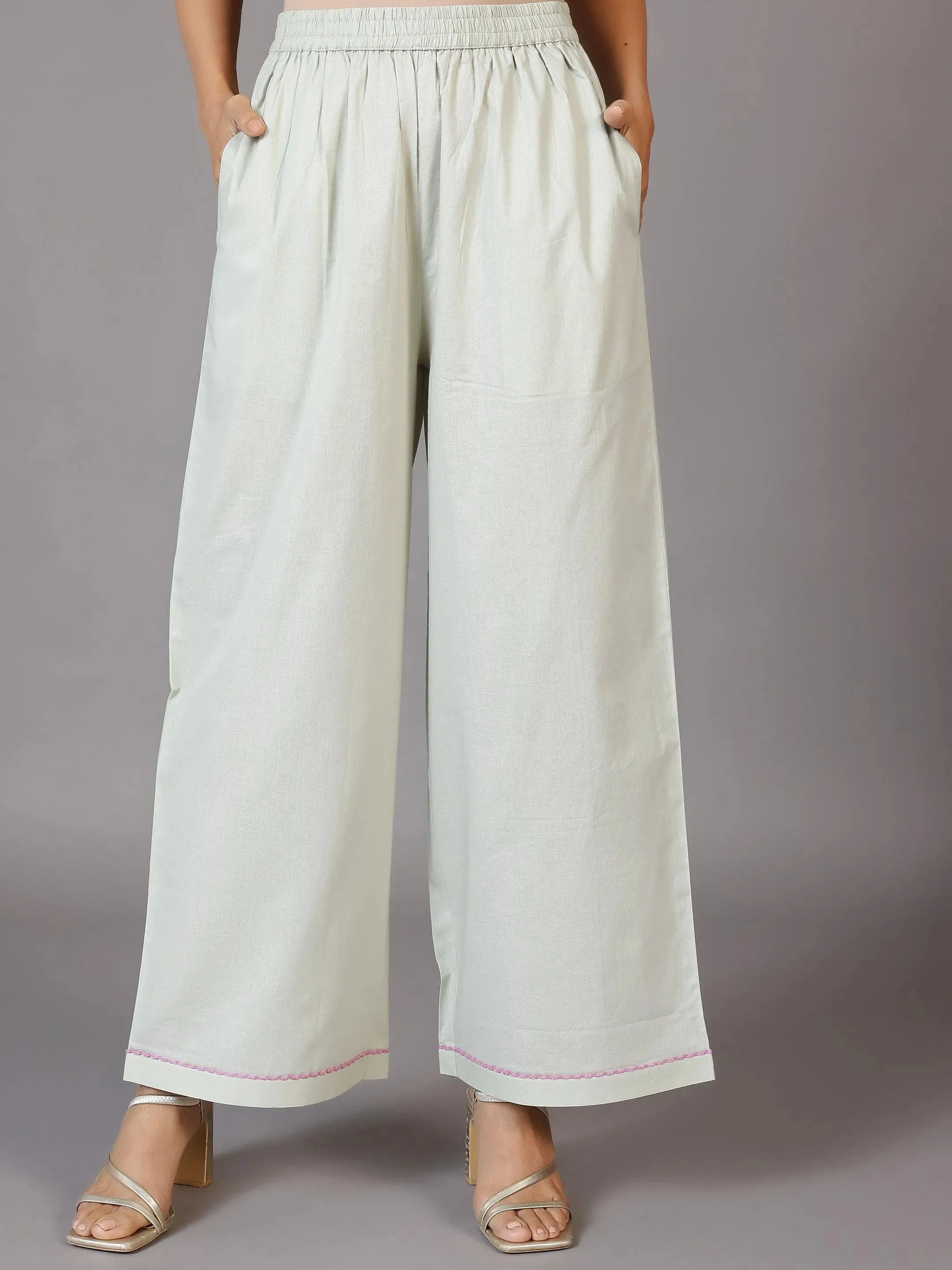 Grey Printed Cotton Blend A-Line Kurta With Palazzos & Dupatta