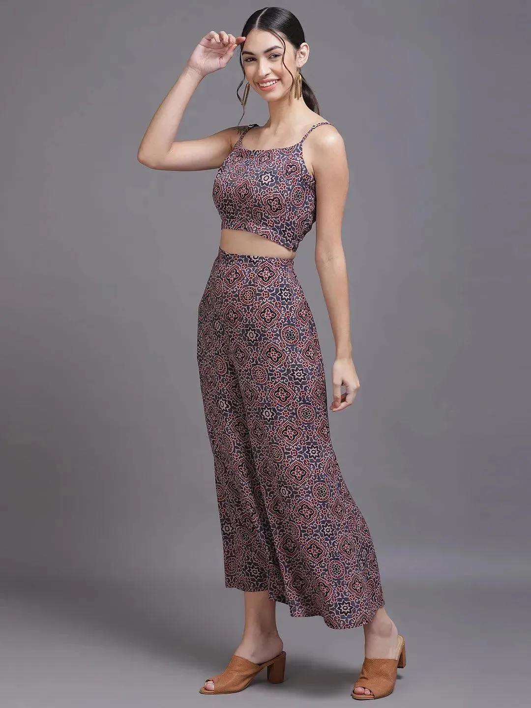 Grey Printed Georgette Straight Top With Palazzos & Shrug