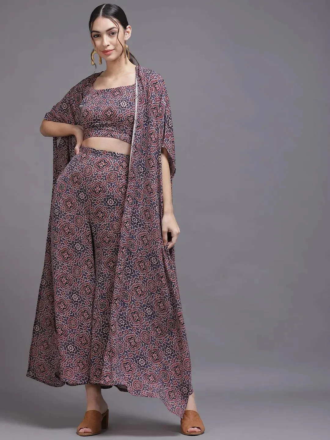Grey Printed Georgette Straight Top With Palazzos & Shrug