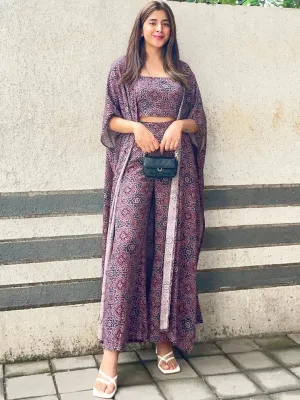 Grey Printed Georgette Straight Top With Palazzos & Shrug