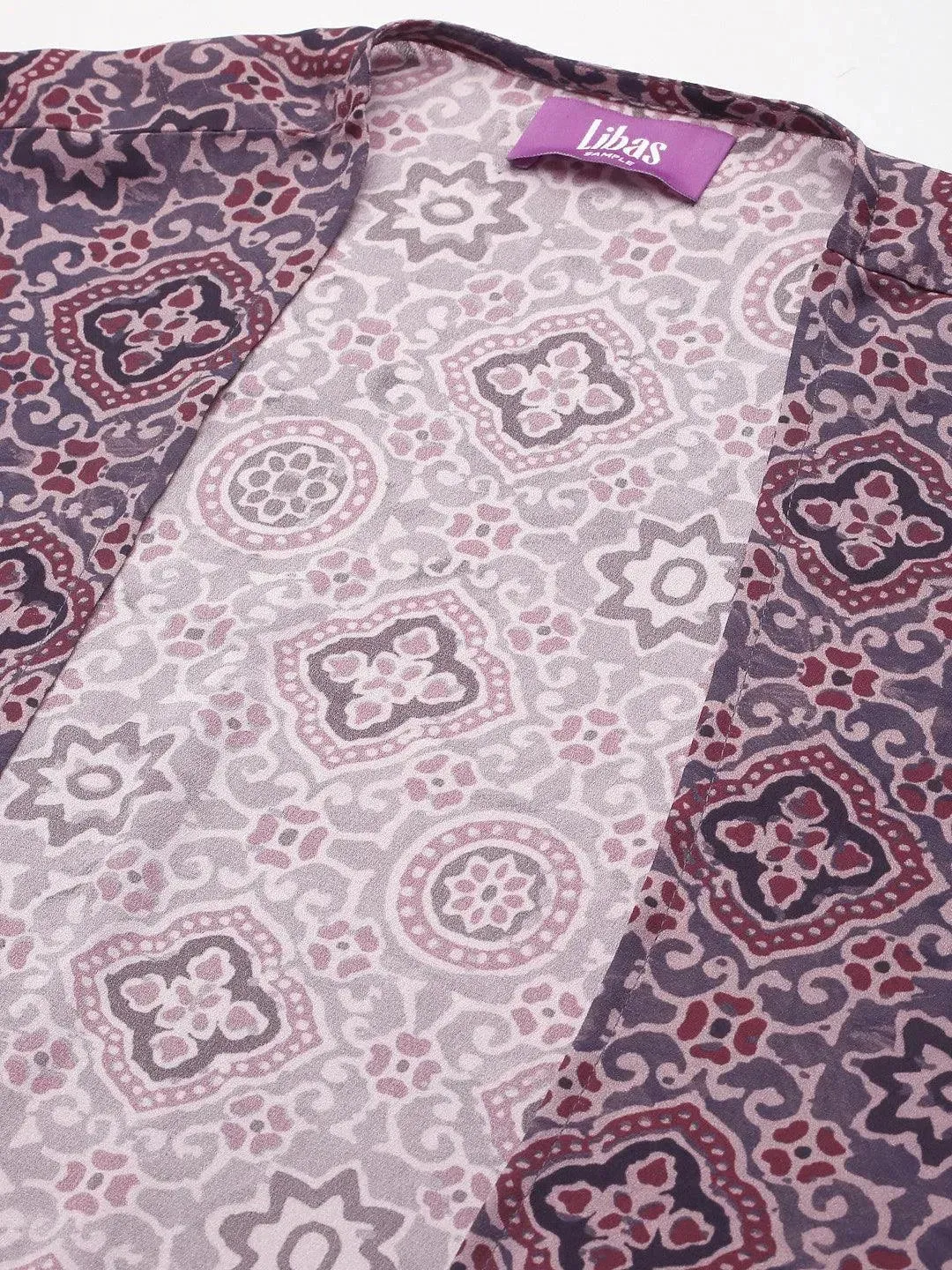 Grey Printed Georgette Straight Top With Palazzos & Shrug