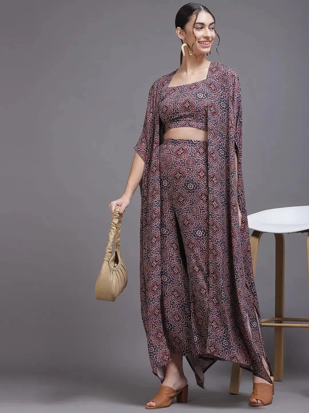 Grey Printed Georgette Straight Top With Palazzos & Shrug