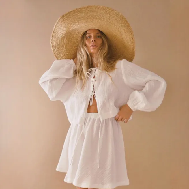 Heisey White Cotton Lacing Front Top and Shorts Set