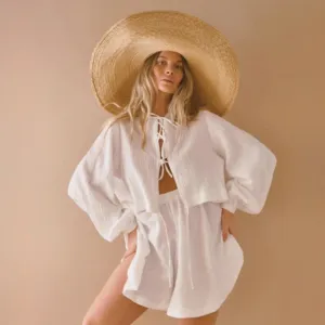 Heisey White Cotton Lacing Front Top and Shorts Set