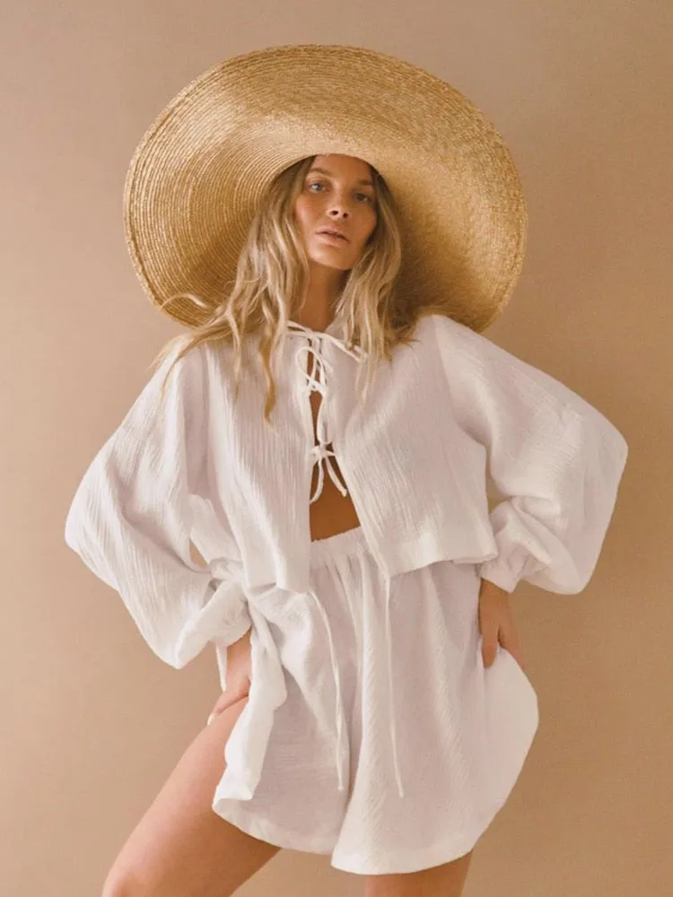Heisey White Cotton Lacing Front Top and Shorts Set