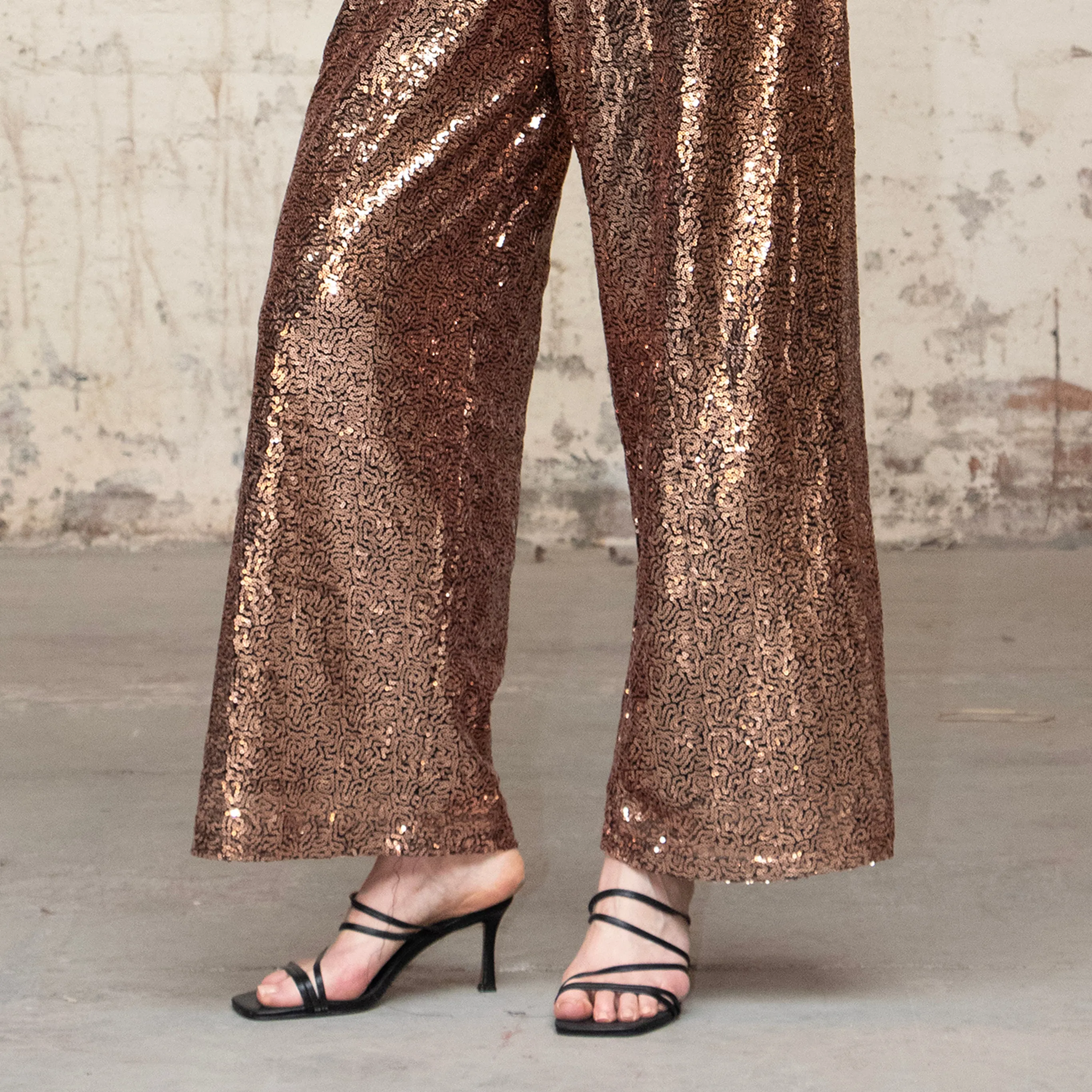 Izzie Wide Leg Trousers - Bronze, Sequin