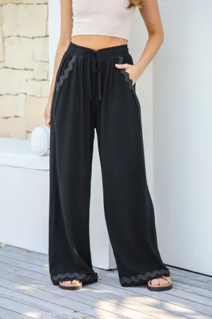 Marlow Linen Ric Rac Trim Pant - Black