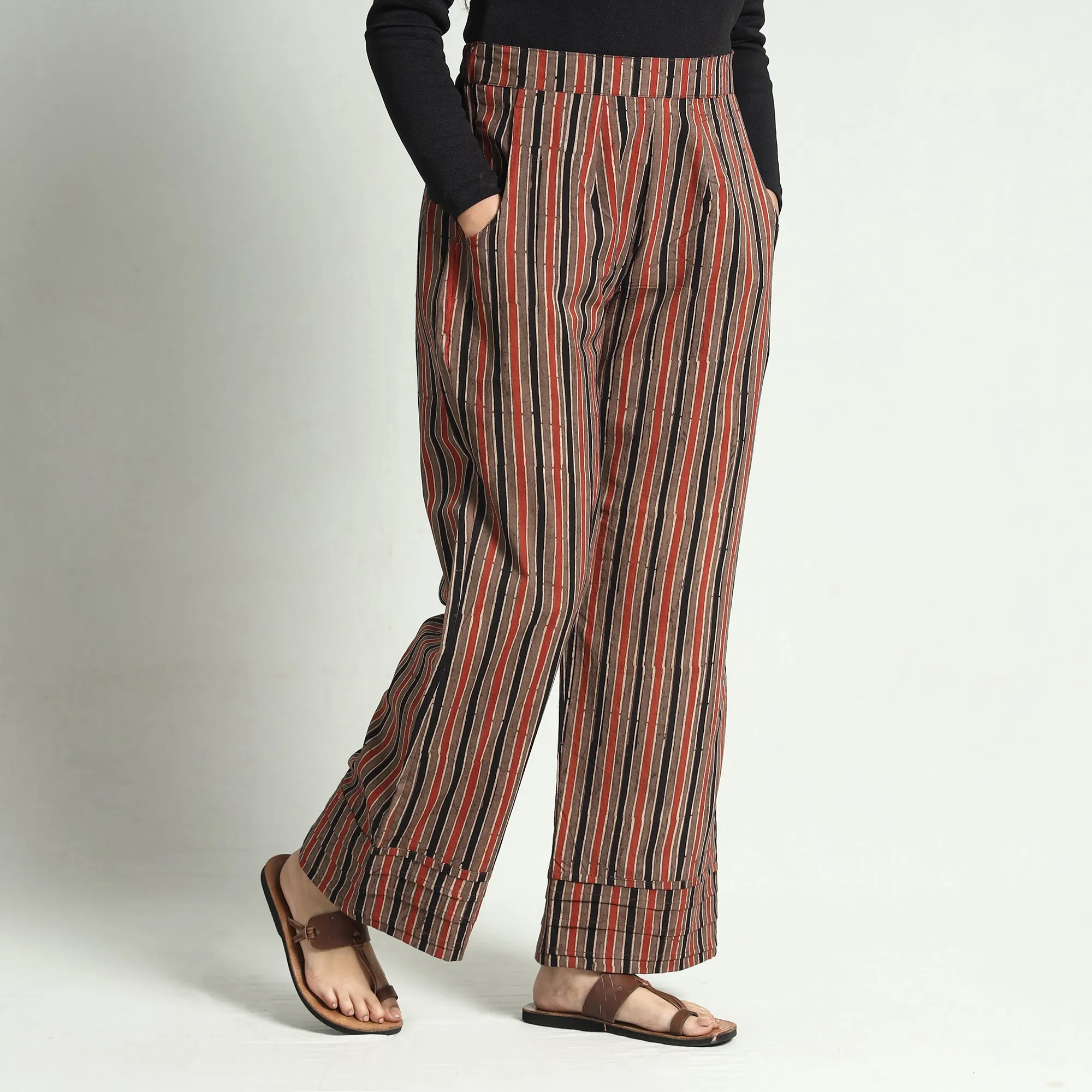 Maroon - Brown - Ajrakh Block Printed Cotton Elasticated Palazzo