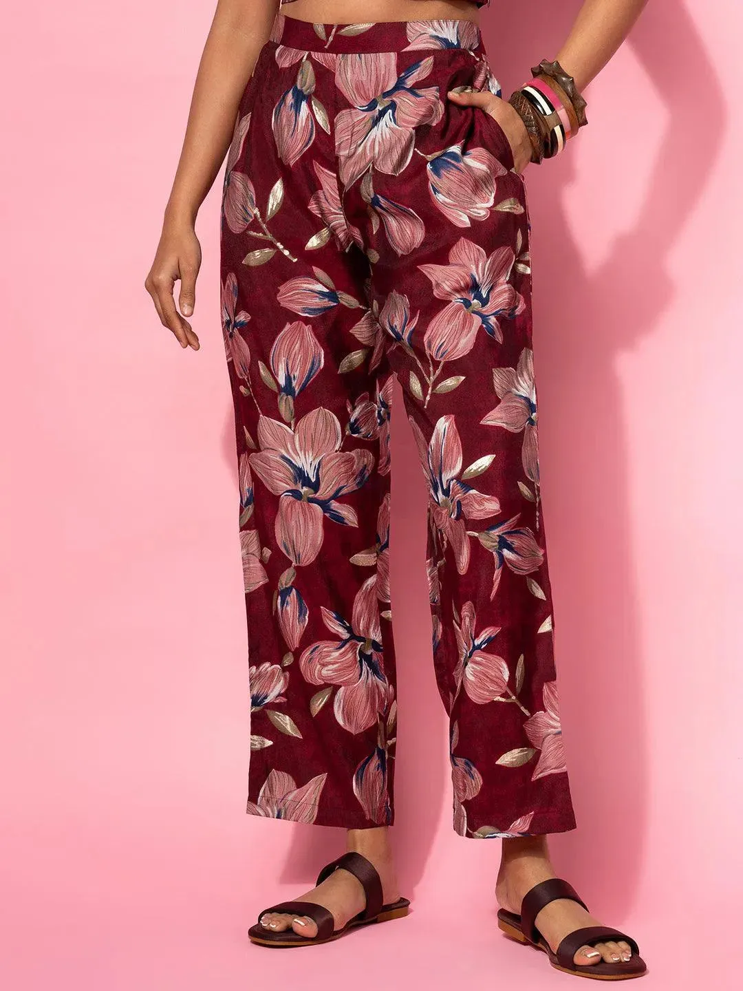 Maroon Printed Silk Blend 3 Piece Co-Ords