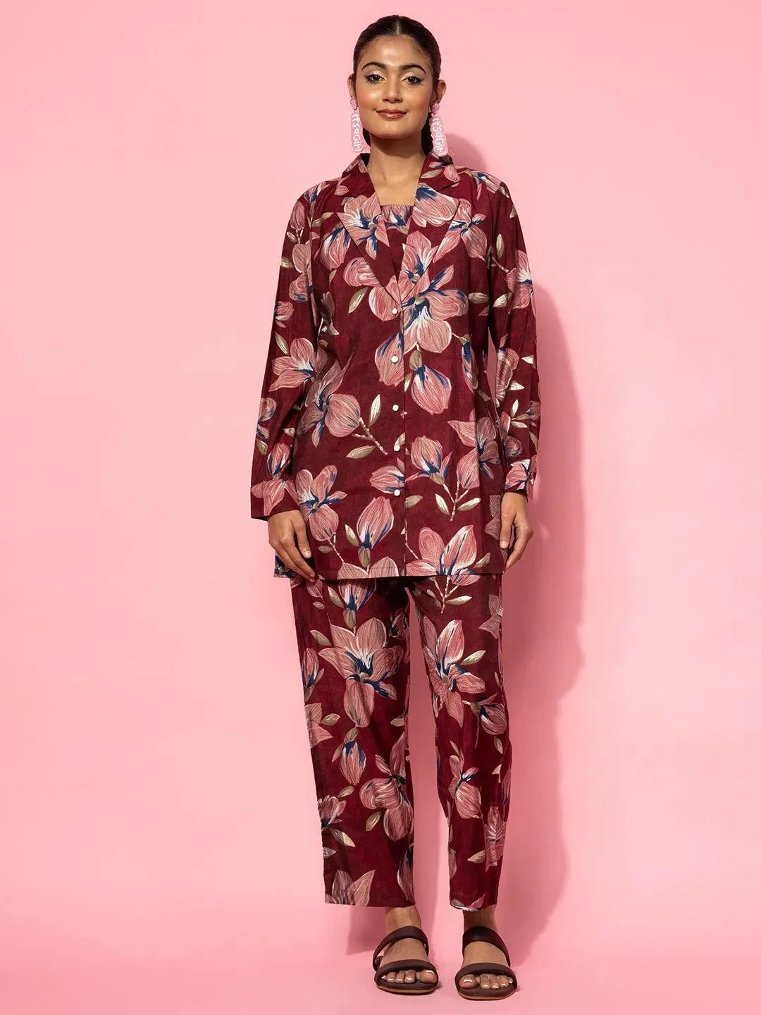 Maroon Printed Silk Blend 3 Piece Co-Ords
