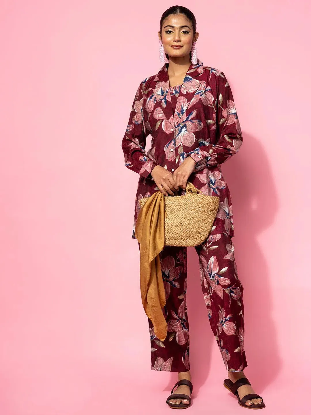 Maroon Printed Silk Blend 3 Piece Co-Ords