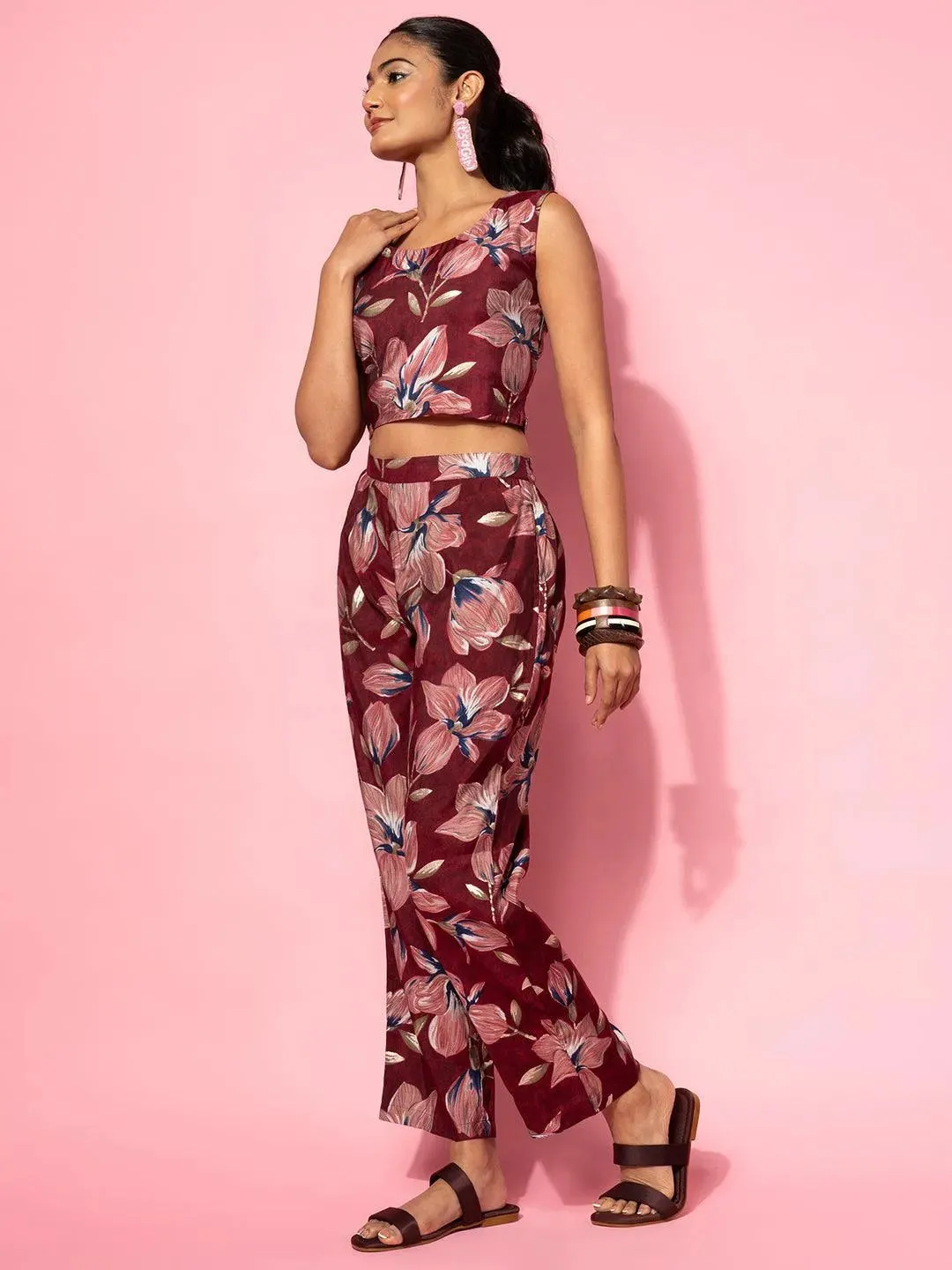 Maroon Printed Silk Blend 3 Piece Co-Ords