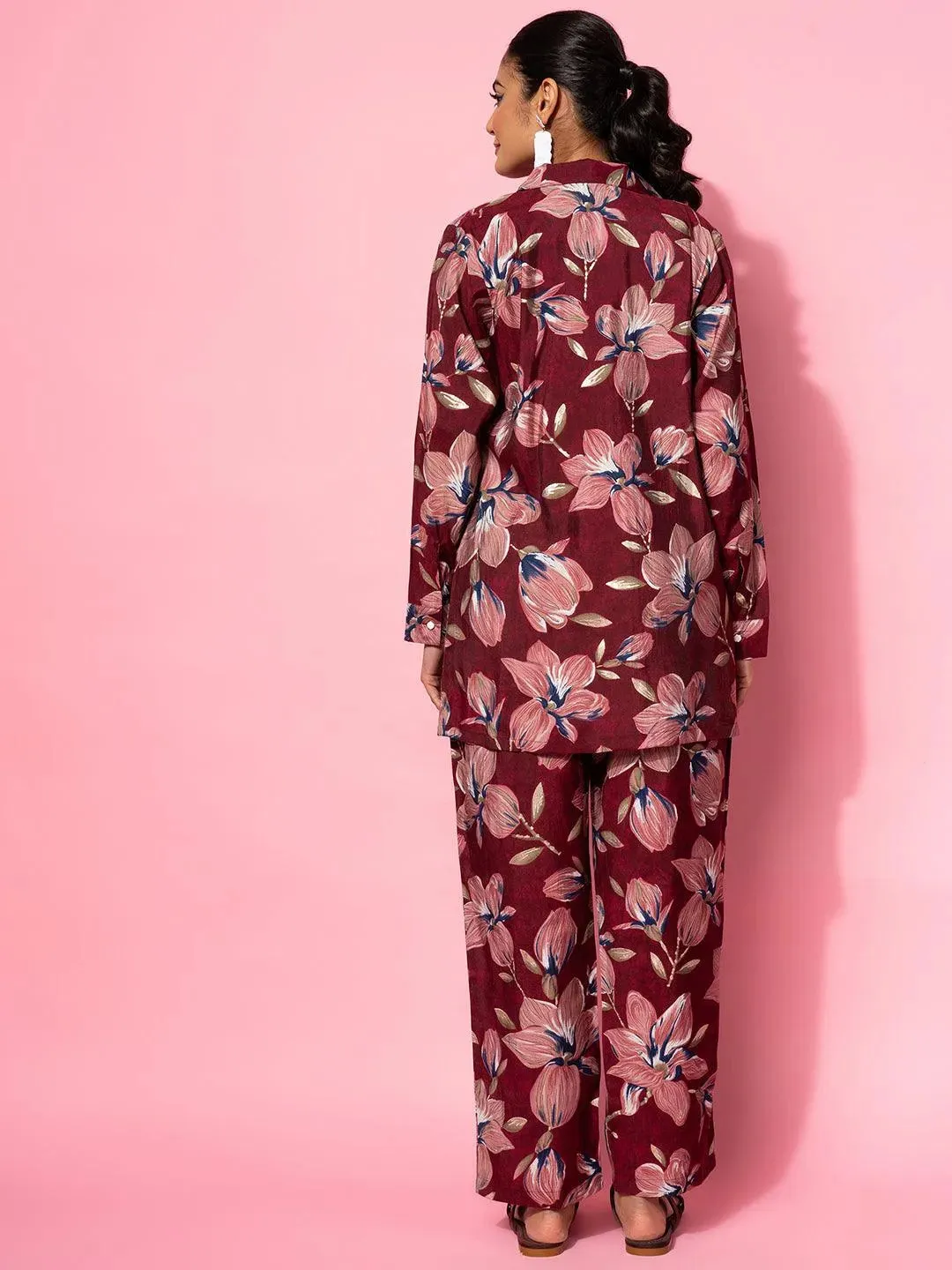 Maroon Printed Silk Blend 3 Piece Co-Ords