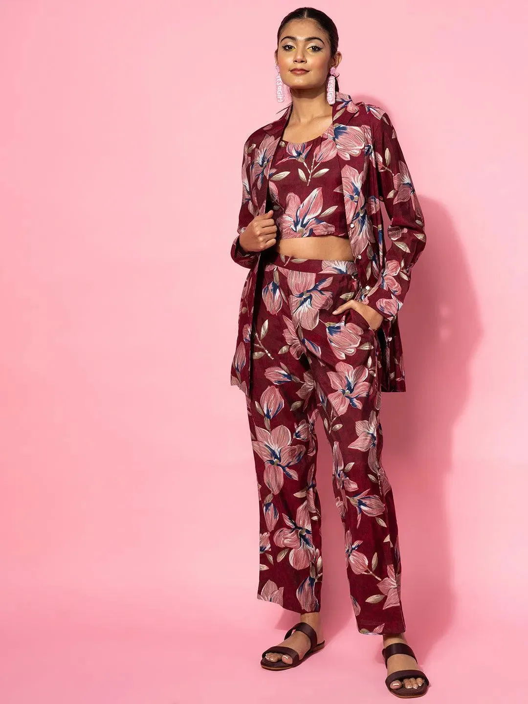 Maroon Printed Silk Blend 3 Piece Co-Ords
