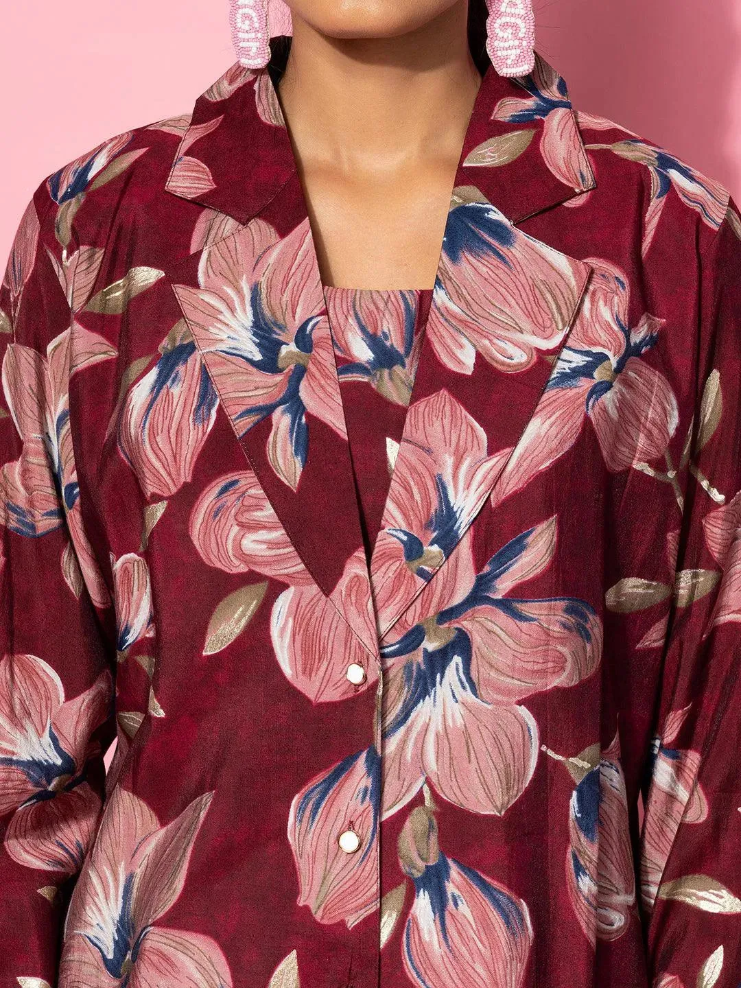 Maroon Printed Silk Blend 3 Piece Co-Ords