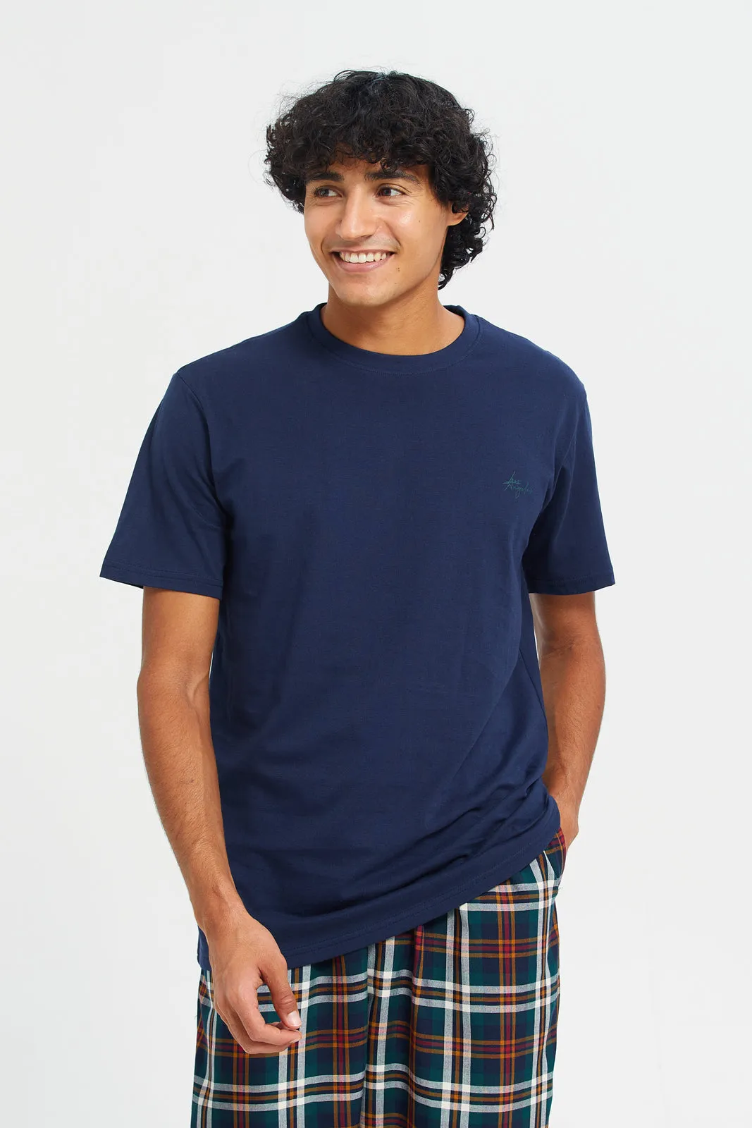 Men Navy Checkered Pyjama Set (2 Piece)