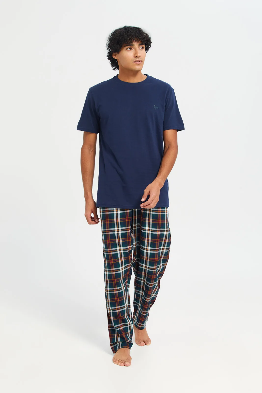 Men Navy Checkered Pyjama Set (2 Piece)