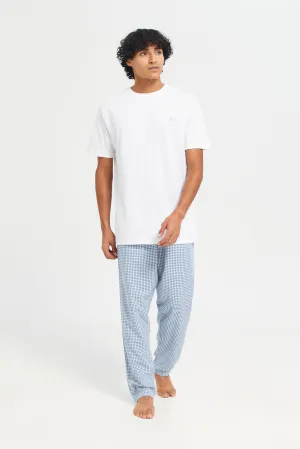 Men White And Blue Pyjama Set (2 Piece)