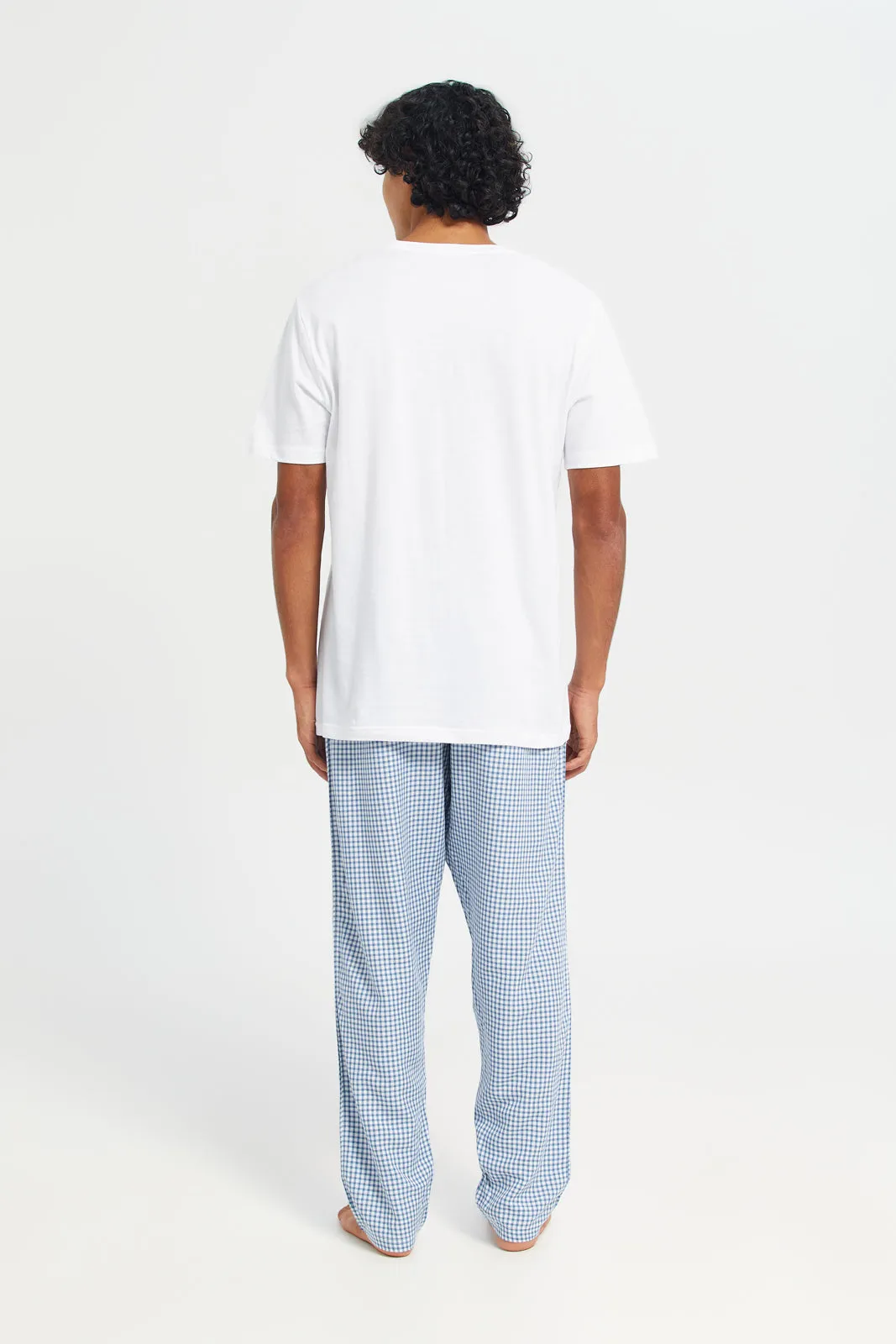 Men White And Blue Pyjama Set (2 Piece)