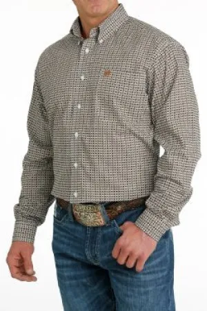 Men's Geometric Print Button-Down Long Sleeve Western Shirt - White / Gold