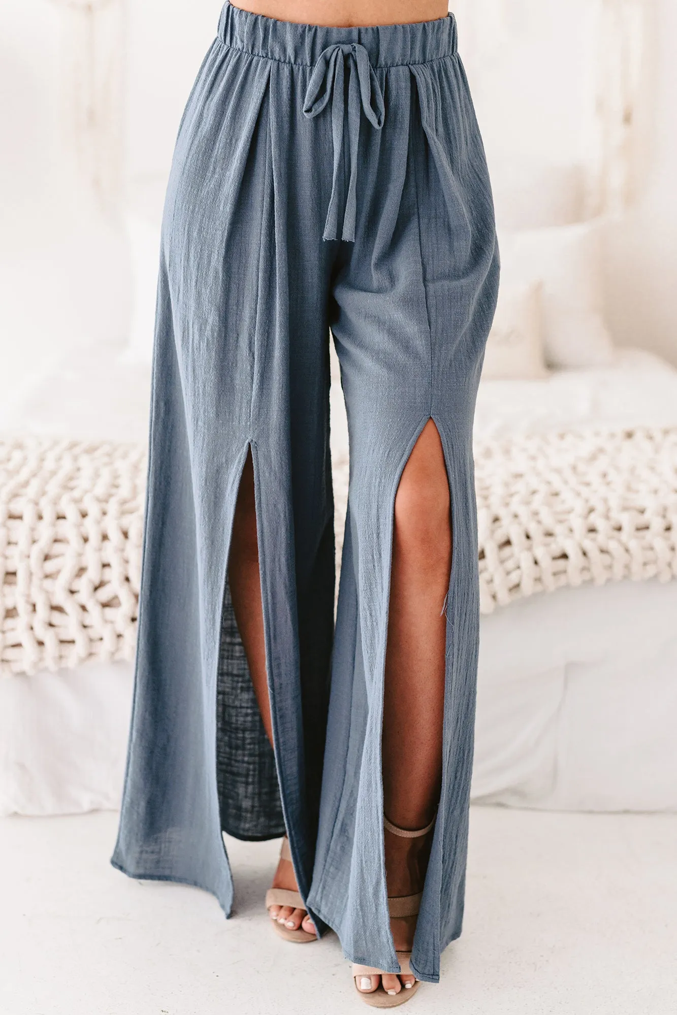 On Borrowed Time Front Slit Wide Leg Linen Pants (Vintage Blue)