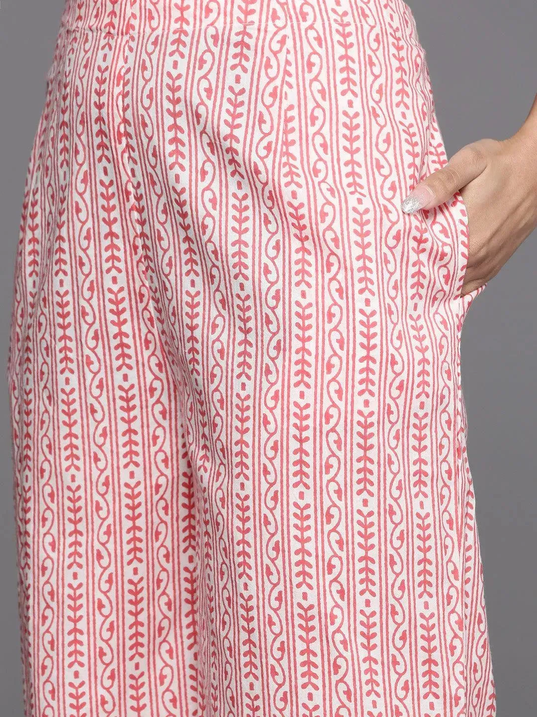 Peach Printed Cotton Straight Kurta With Palazzos & Dupatta