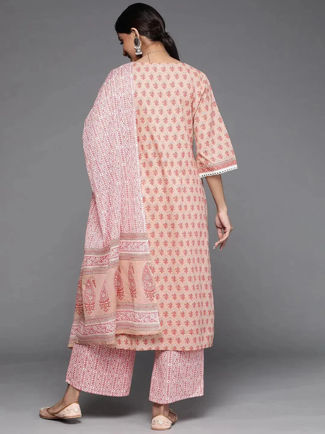 Peach Printed Cotton Straight Kurta With Palazzos & Dupatta