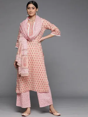 Peach Printed Cotton Straight Kurta With Palazzos & Dupatta