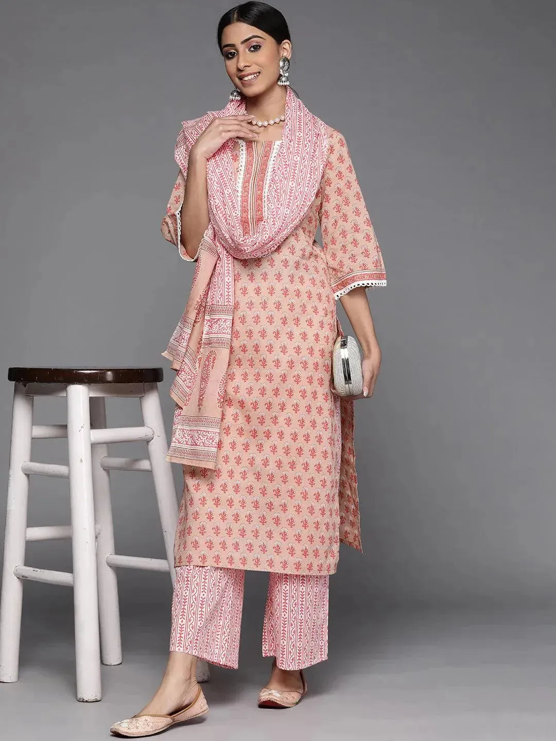 Peach Printed Cotton Straight Kurta With Palazzos & Dupatta