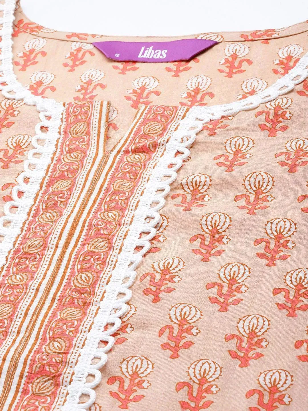 Peach Printed Cotton Straight Kurta With Palazzos & Dupatta