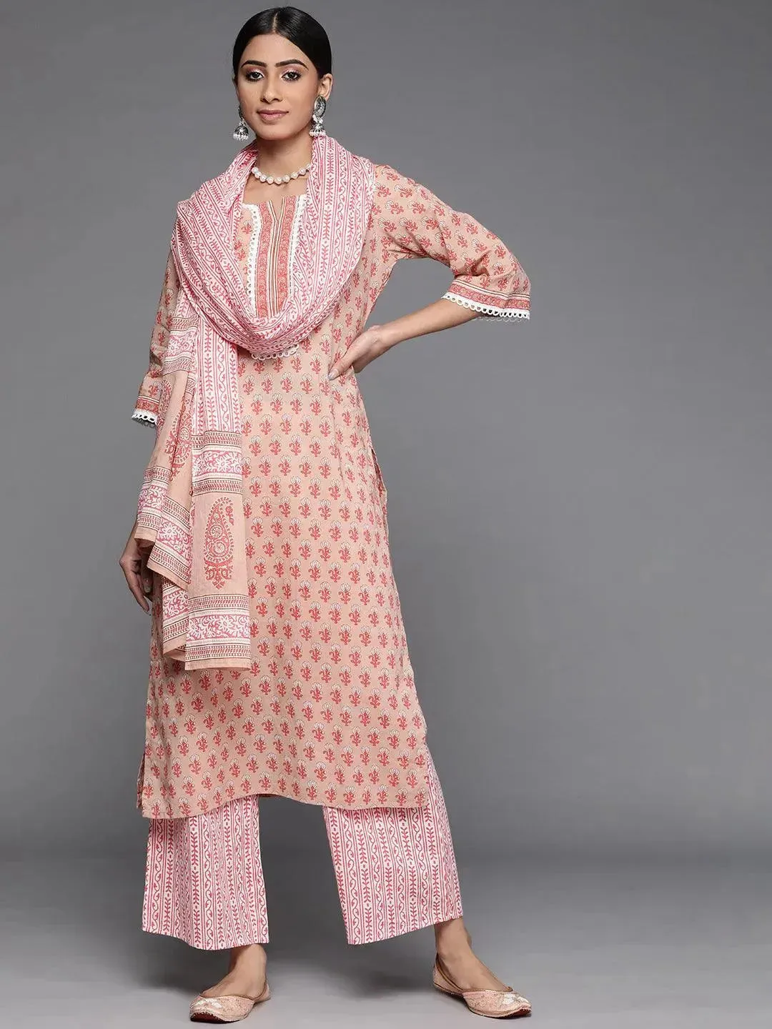 Peach Printed Cotton Straight Kurta With Palazzos & Dupatta