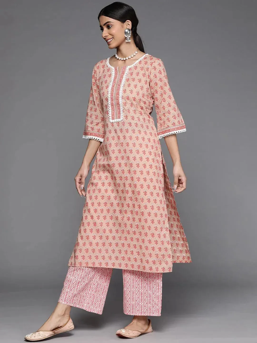 Peach Printed Cotton Straight Kurta With Palazzos & Dupatta