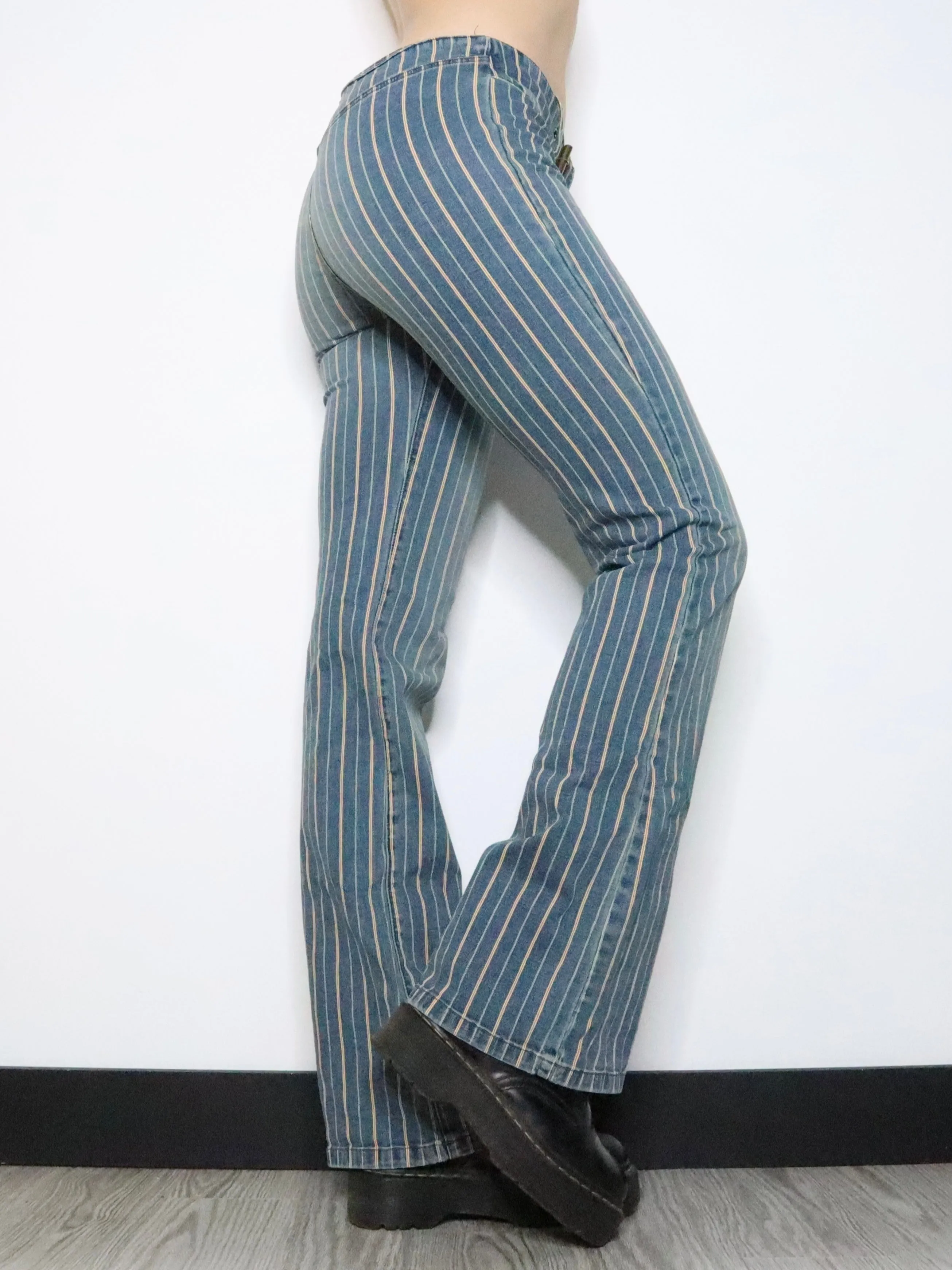 Pinstripe Buckle Flare Jeans (Medium) 