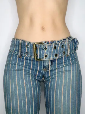 Pinstripe Buckle Flare Jeans (Medium) 