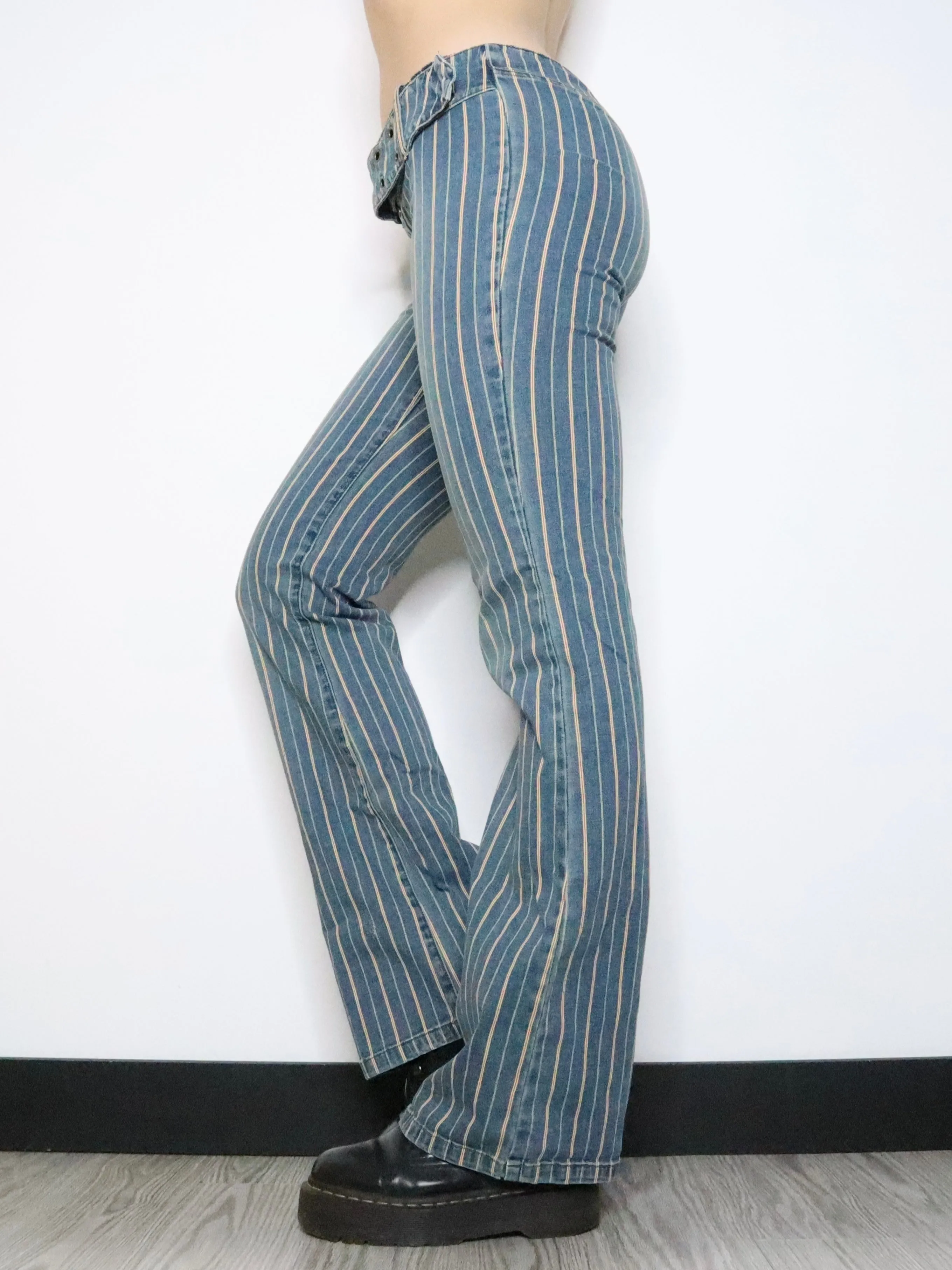 Pinstripe Buckle Flare Jeans (Medium) 