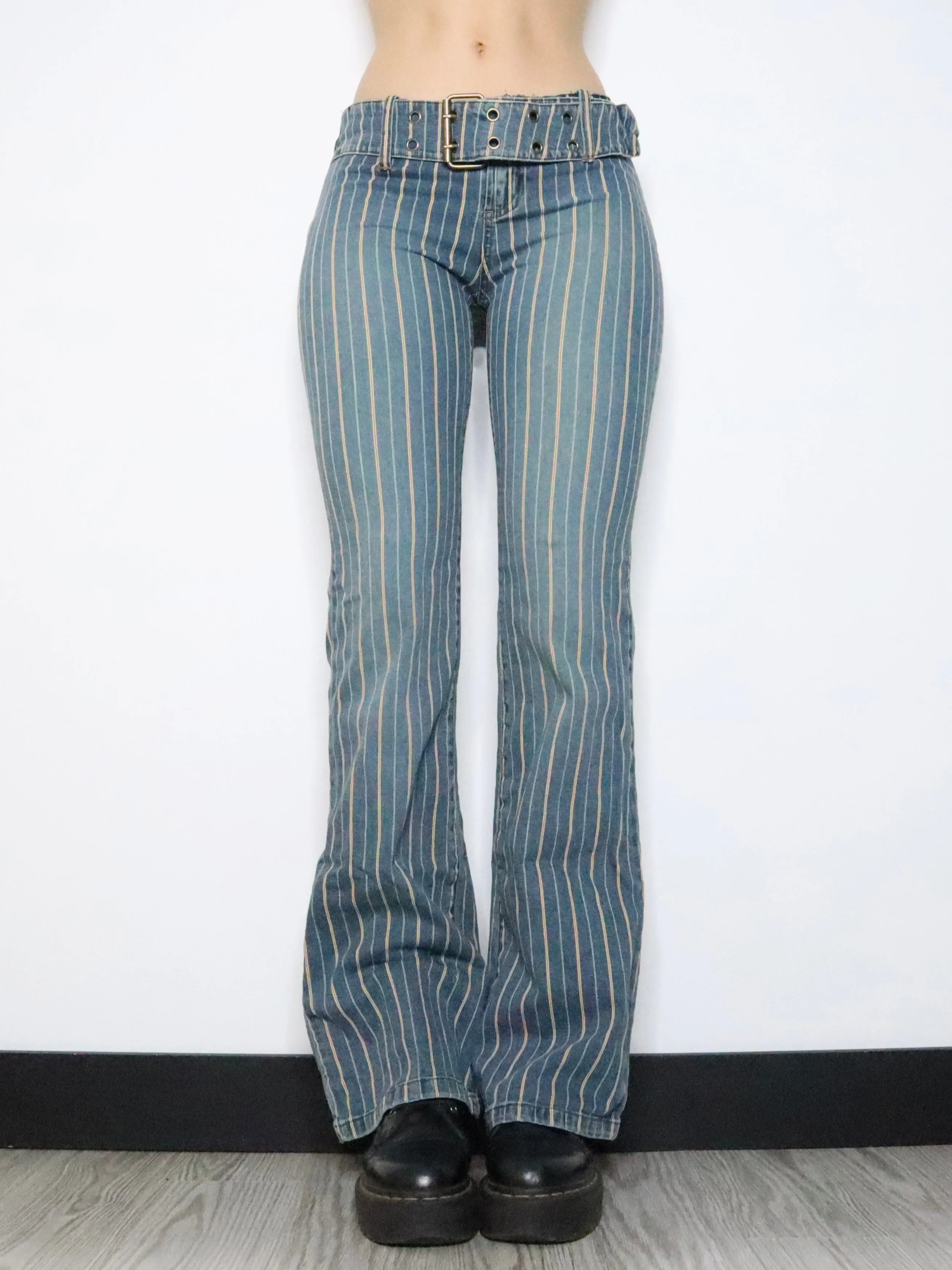 Pinstripe Buckle Flare Jeans (Medium) 