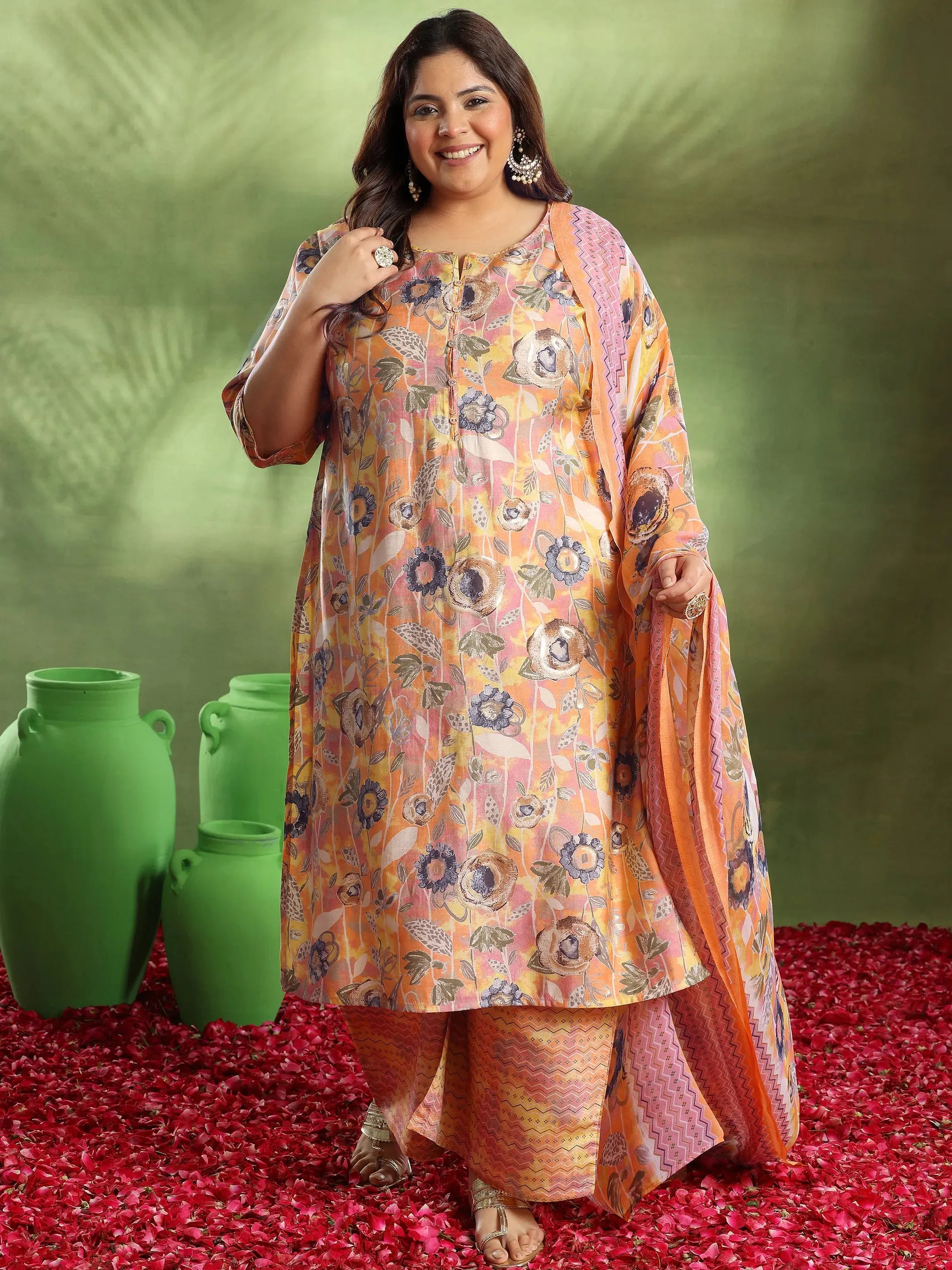 Plus Size Orange Printed Silk Blend Straight Suit With Dupatta