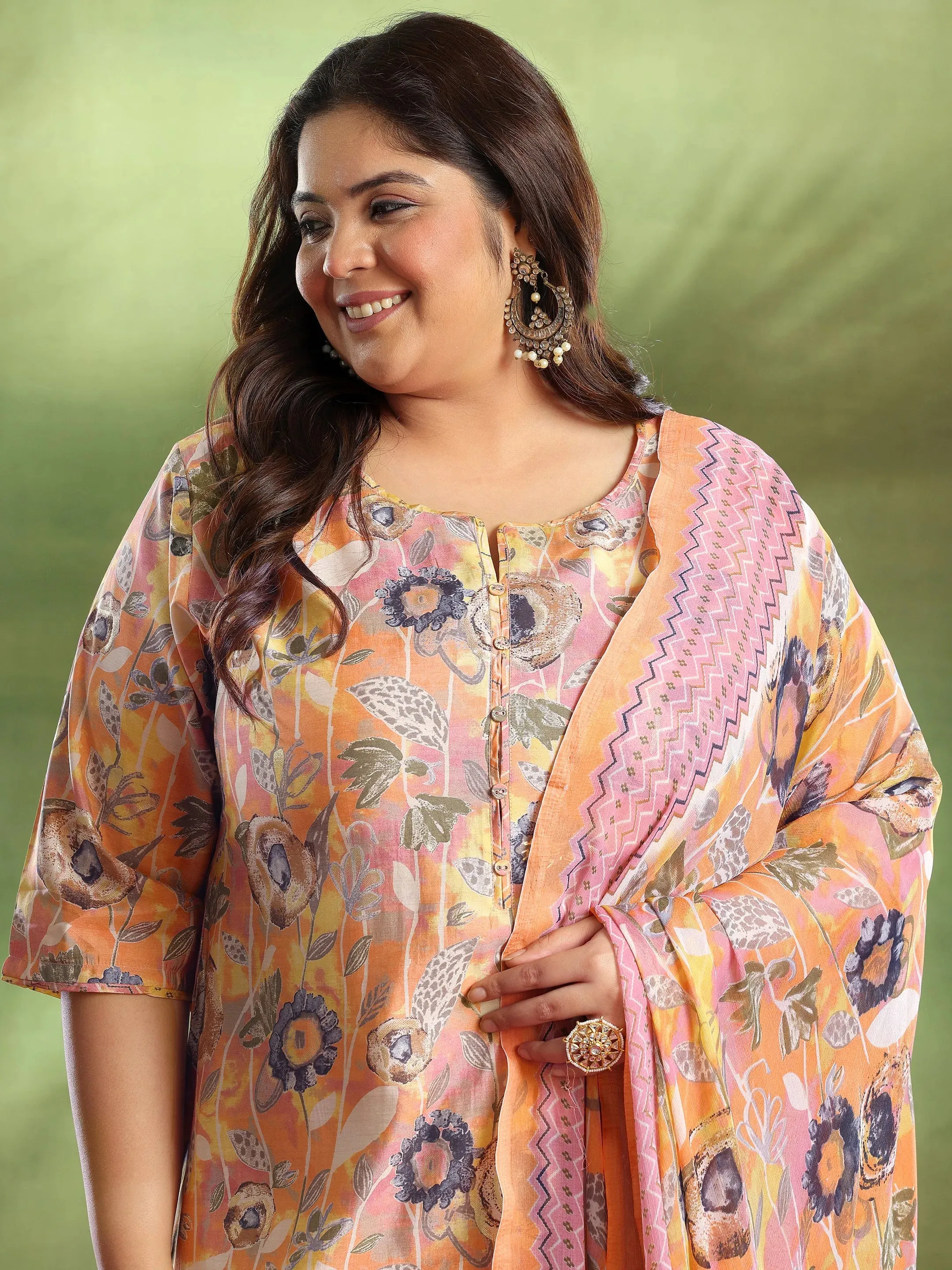 Plus Size Orange Printed Silk Blend Straight Suit With Dupatta