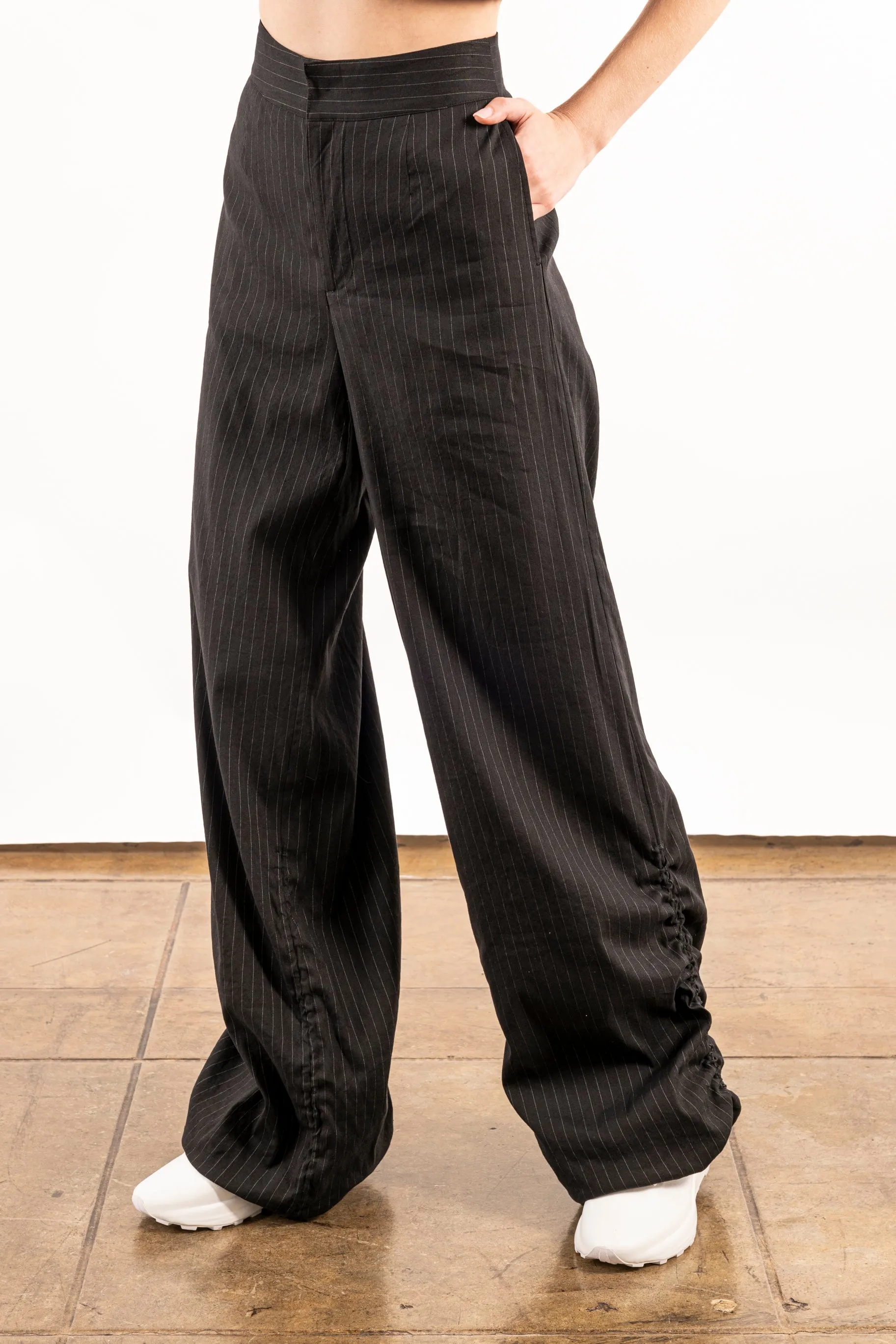 Stretch Pin Stripe Linen Wide Pants - YOSHI