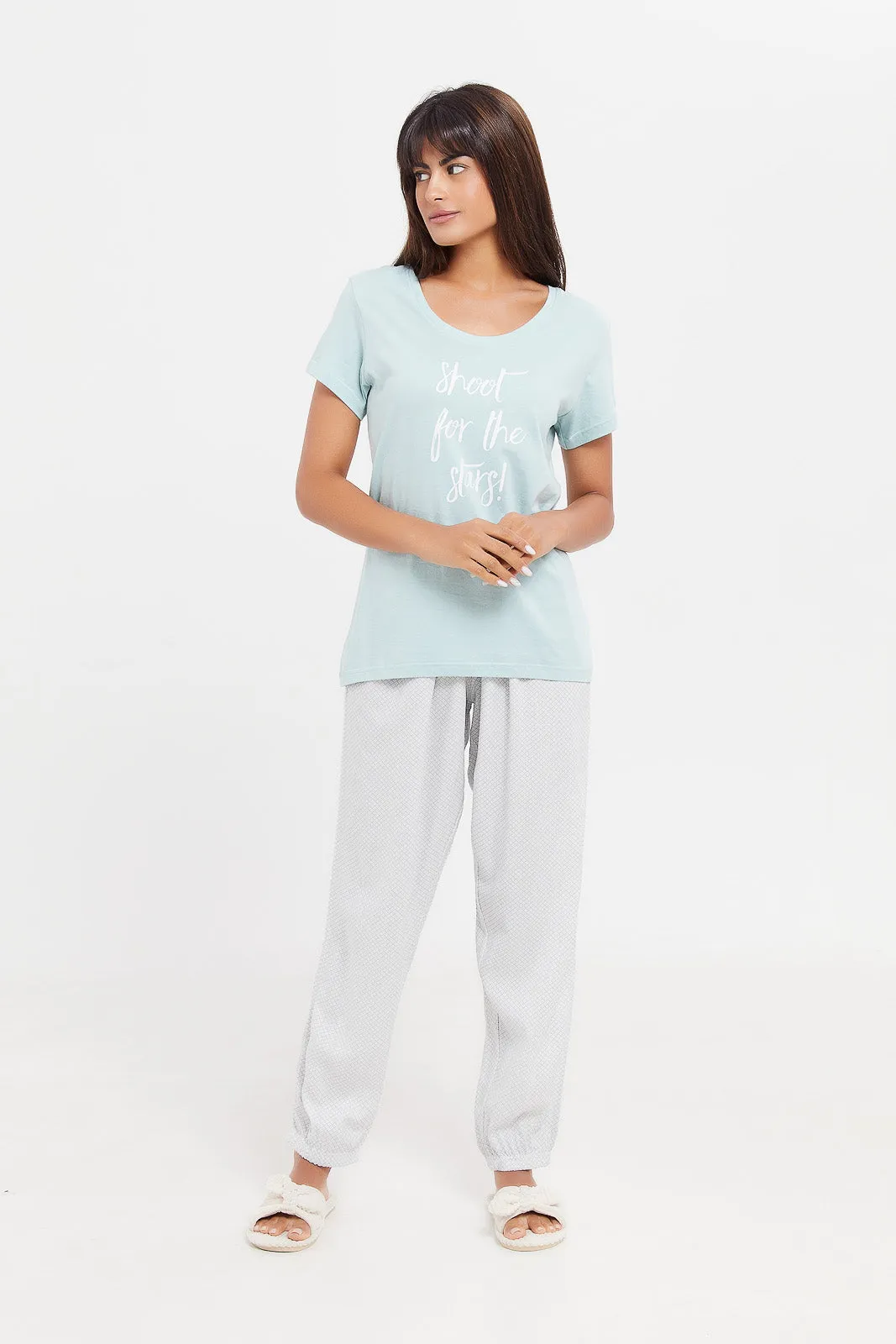 Women Blue And Grey Printed Pyjama Set (2 Piece)