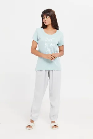Women Blue And Grey Printed Pyjama Set (2 Piece)