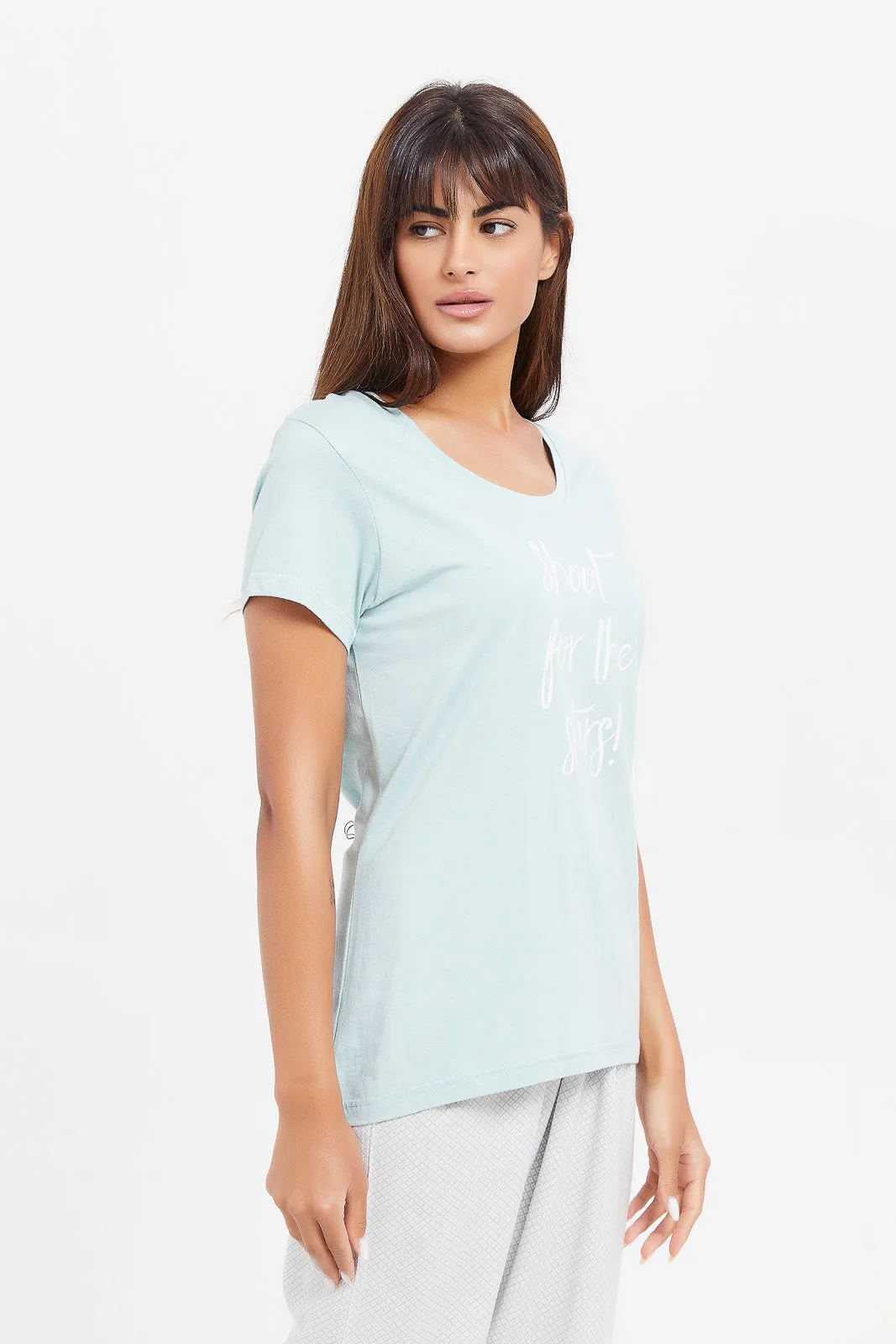 Women Blue And Grey Printed Pyjama Set (2 Piece)