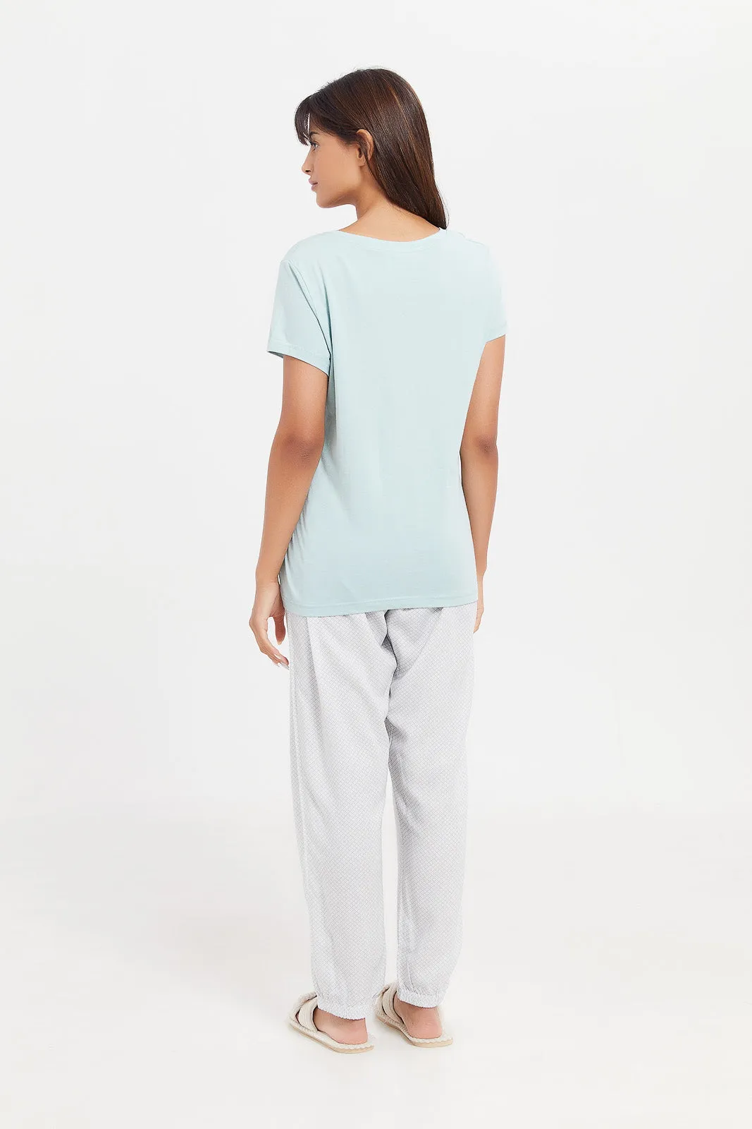 Women Blue And Grey Printed Pyjama Set (2 Piece)