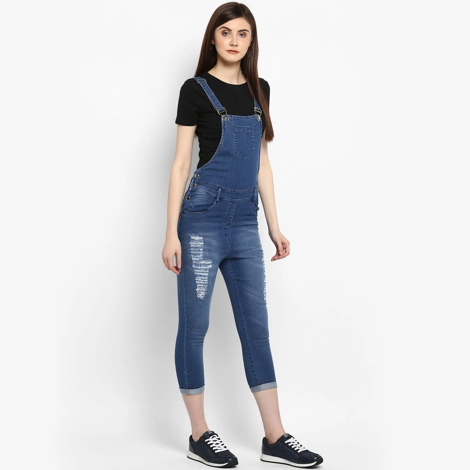 Women's Distressed Stretchable Denim Capri Style Dungarees(inner not provided) - StyleStone