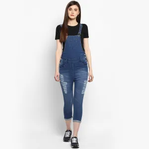 Women's Distressed Stretchable Denim Capri Style Dungarees(inner not provided) - StyleStone