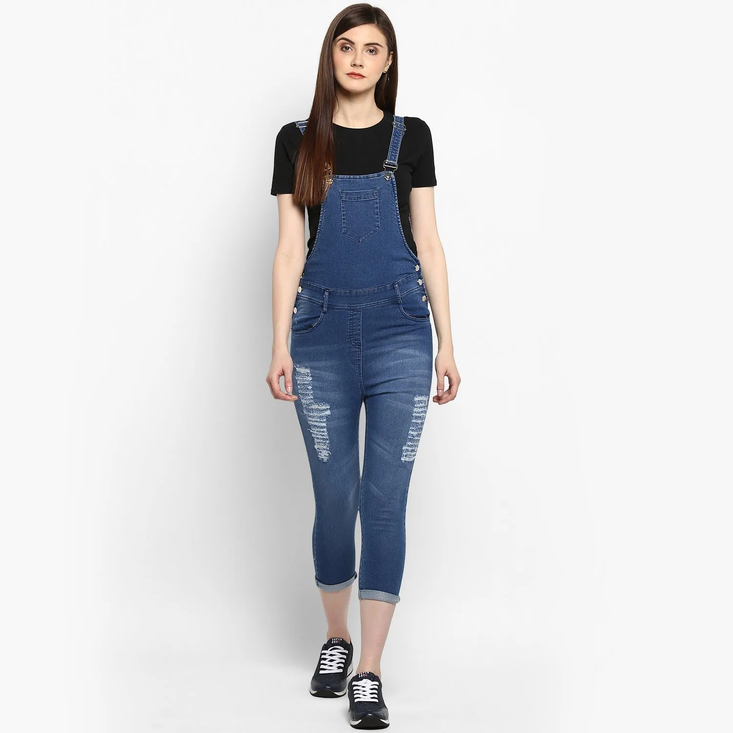 Women's Distressed Stretchable Denim Capri Style Dungarees(inner not provided) - StyleStone