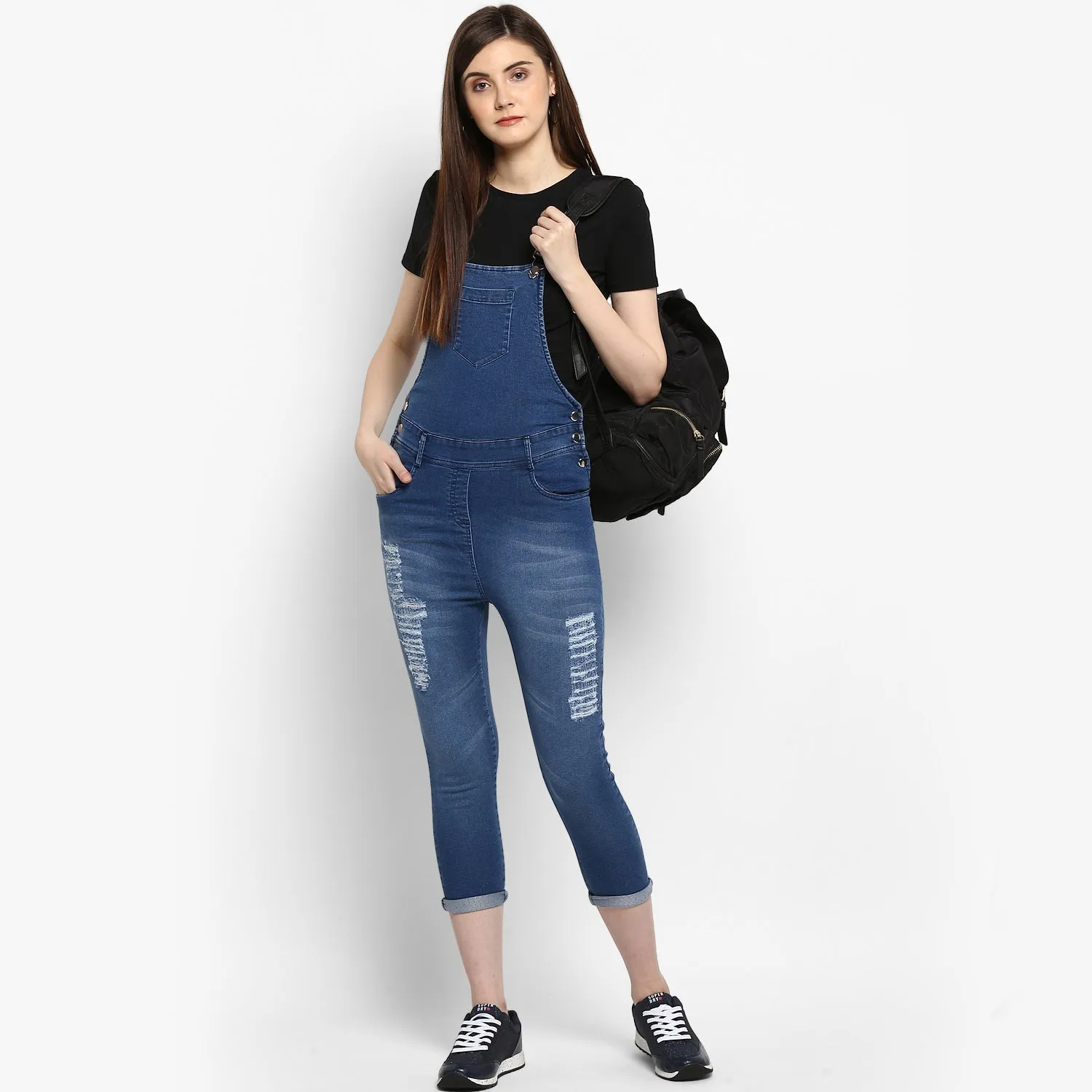 Women's Distressed Stretchable Denim Capri Style Dungarees(inner not provided) - StyleStone
