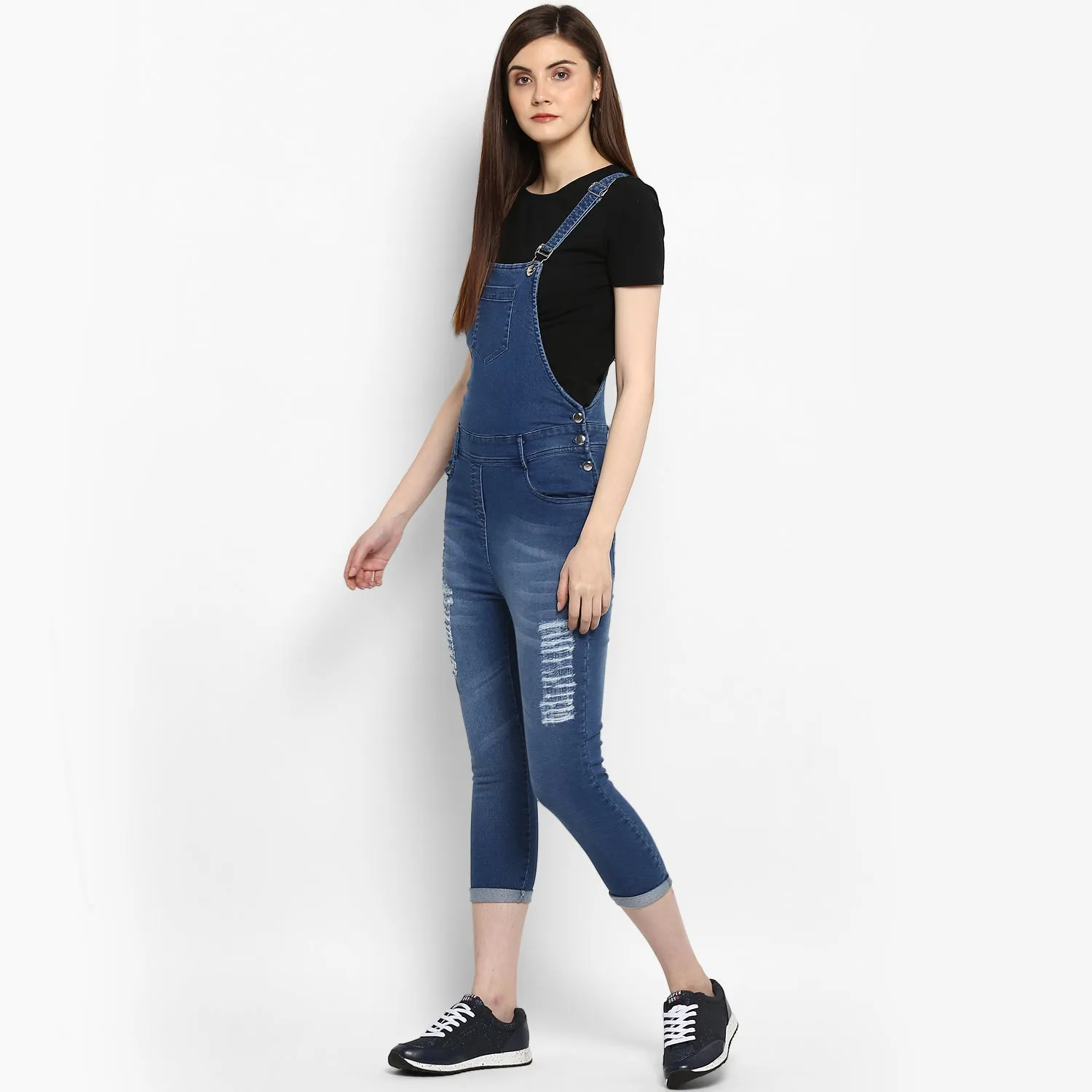 Women's Distressed Stretchable Denim Capri Style Dungarees(inner not provided) - StyleStone